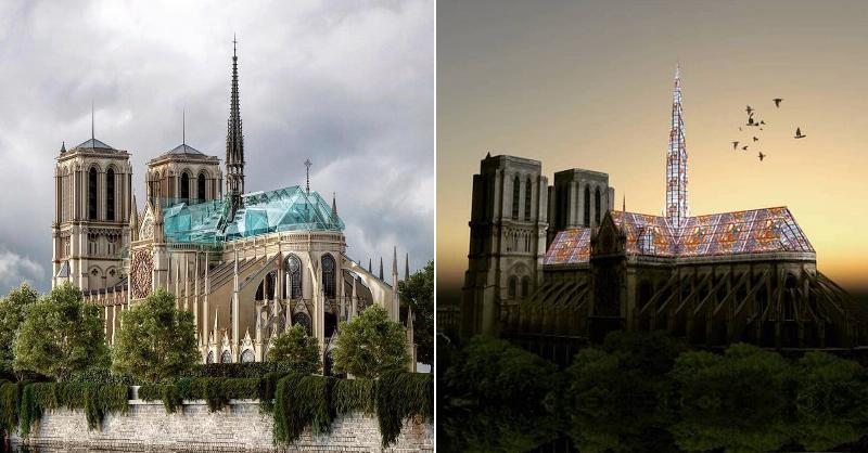 Interieur de la Cathedrale Notre-Dame apres reconstruction, avec des faisceaux de lumiere